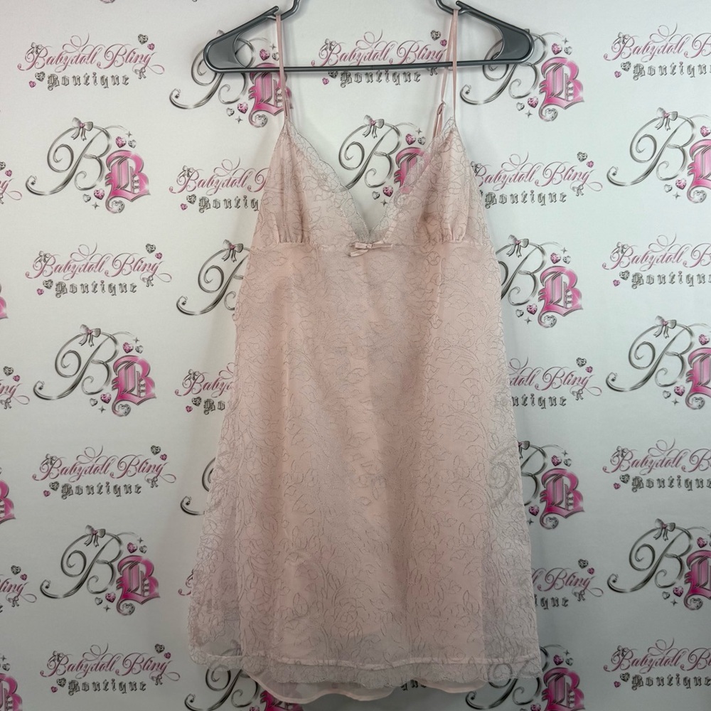 La SENZA dress flowers floral silver pink Blush Lace Chemise lace ribbon bow Y2K